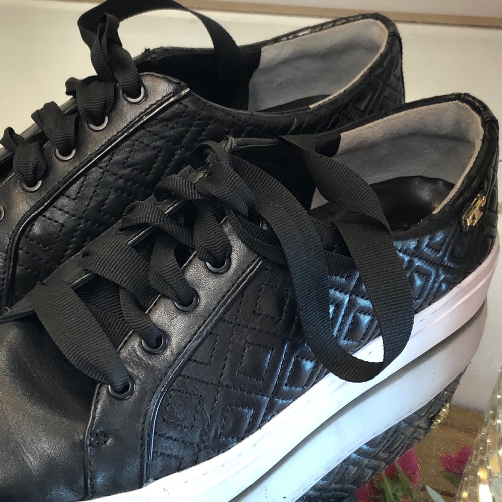 Tory Burch Black Leather Marion Quilted Sneakers - Picture 2 of 8